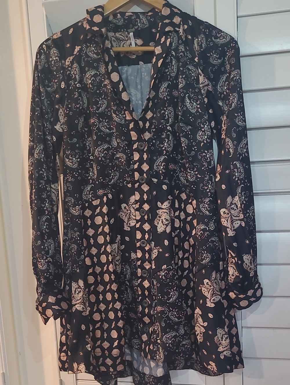 Free People Black Long-Sleeve Paisley & Floral V-Neck Dress with Blush Accents